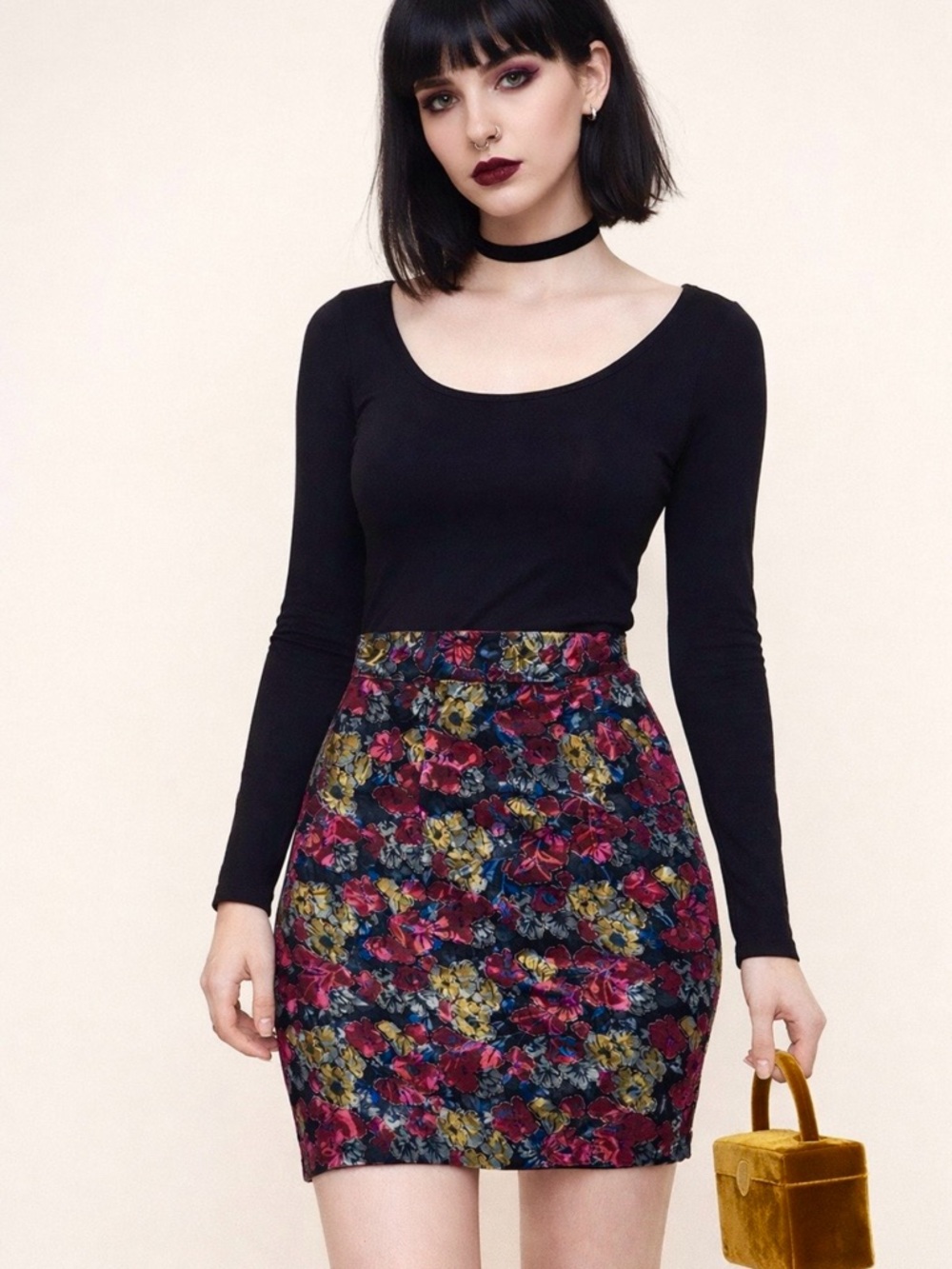 Wrapper Brand Vintage 80s 90s Black and Red Floral Velvet Mini Skirt